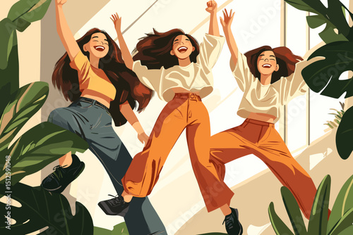 Joyful Jumpers: Three animated women leap with infectious energy, bathed in a warm light and surrounded by vibrant green foliage, symbolizing freedom and the exuberance of life.
