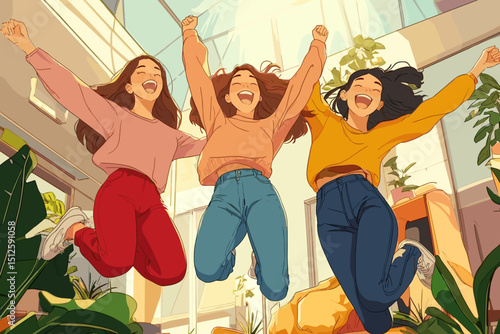 Joyful Leap:  Three women celebrate a moment of pure joy, captured in a vibrant illustration filled with positive energy.