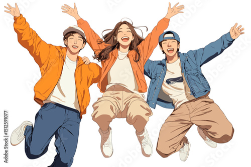 Joyful Youth in the Air: Three animated youths jump with unbound enthusiasm. Their arms stretch towards the sky, radiating positive vibes and youthful exuberance. 