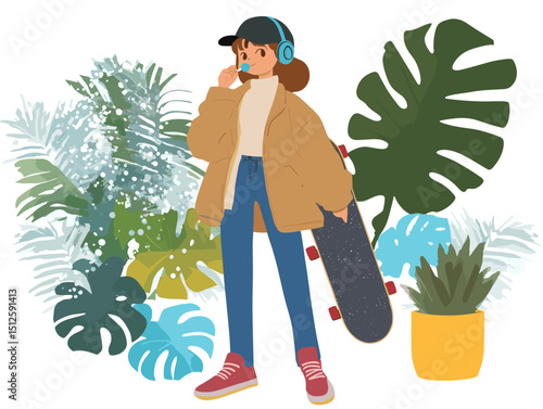 Urban Nature: Young person, skateboarder with headset, stylish attire stands amid lush green plants, harmonizing urban lifestyle with nature. 