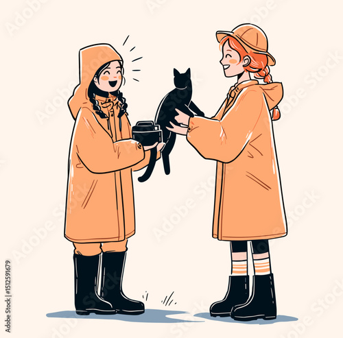 Joyful Bond: Two friends, smiling, with a black cat. They are clad in matching yellow rain gear, their happiness is infectious.  
