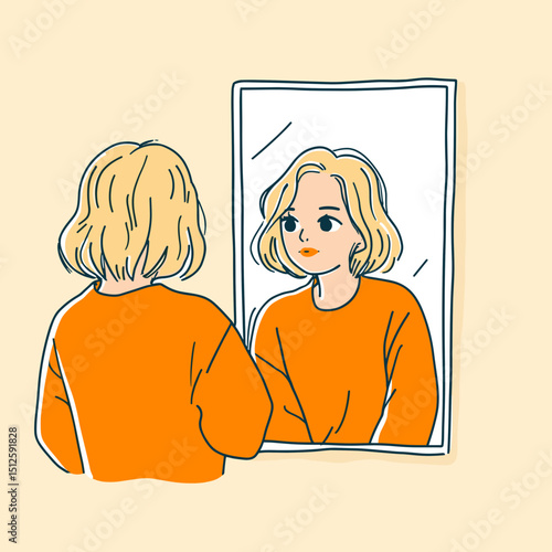 Self-Reflection: A woman gazes at herself in a mirror, introspectively exploring her own image and identity. This illustration emphasizes self-awareness and inner contemplation. 