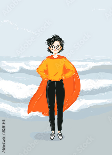 Superhero by the sea: Illustration of a confident figure stands at the beach, the superhero ready to confront the ocean.
