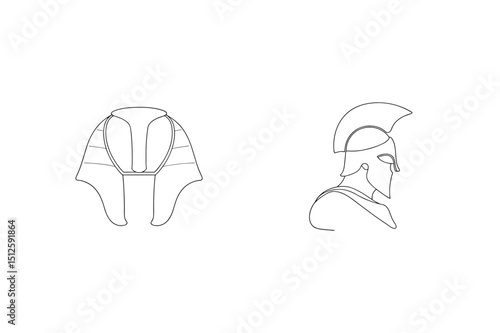 Minimalist line drawing of egyptian pharaoh headdress and spartan soldier helmet
