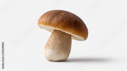 Single porcini mushroom isolated on a white background, showcasing its thick stem and brown cap.

