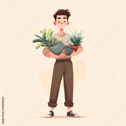Cultivating Green Dreams: An illustrated man cradles a collection of potted plants, embodying the serenity of nature and a passion for nurturing life. 