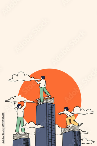 Reaching Heights of Success: Illustration of individuals atop buildings, symbolizing reaching for success, with a sunrise-like background. 