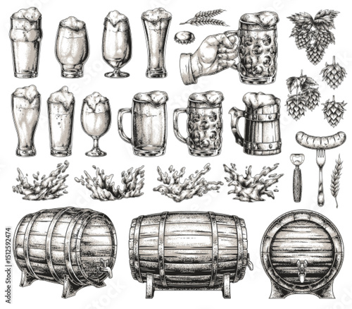 Variety of beers and brewing items shown