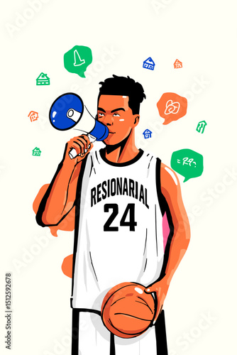 Basketball Announcer Illustration: An energetic athlete, the focus of an dynamic illustration, shouts through a megaphone with vibrant speech bubbles.