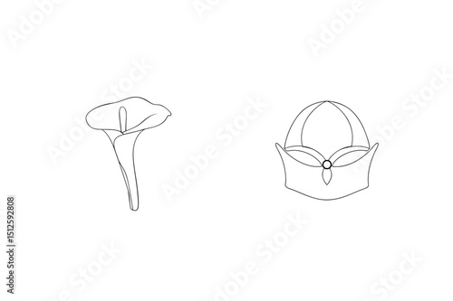 Elegant hand drawn line art illustrations of a calla lily and clerical hat on white