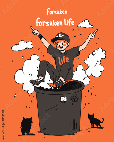 Life in the Dustbin: An artful illustration, showcasing a carefree spirit on a skateboard atop a bin, accompanied by artistic clouds and cats. An image which shows the freedom and unique existence.