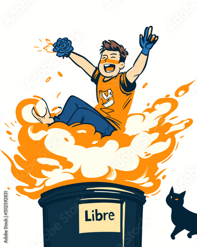 Joyful Triumph: A dynamic illustration captures a moment of elation as a character triumphantly emerges from a burst of flames, embodying the essence of freedom and liberation.