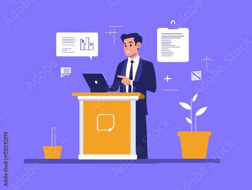 Presentation illustration: A composed speaker delivers a captivating presentation, commanding attention with his refined attire and gesture. Illustrated in a vector style.