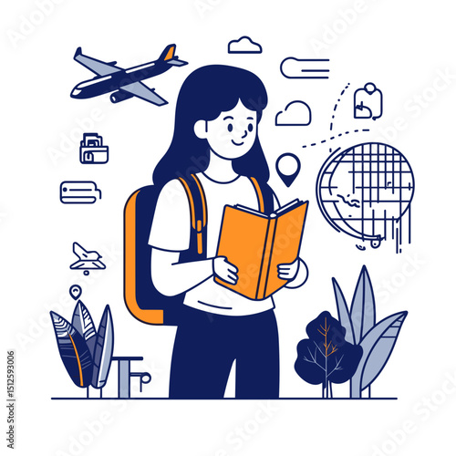 A Traveler's Itinerary: A cheerful traveler stands with a map, embracing adventure and planning a journey, dreaming of globetrotting, with a sense of anticipation.