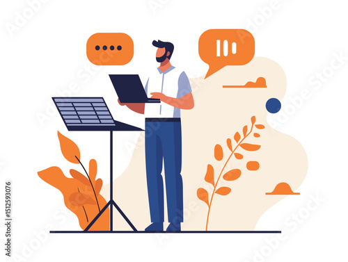 Digital Communication and Performance: A modern individual stands confidently before a laptop and music stand, embodying the intersection of technology, speech, and the arts.