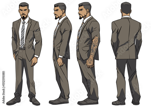 Business Suit: A stylish man in a grey business suit poses from multiple angles, offering a dynamic representation of professionalism, elegance, and attention to detail.