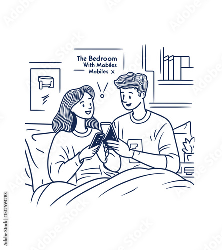 Bedroom Tech: A couple enjoys leisure time together in a contemporary bedroom, deeply engaged with their smart phones, connected through a modern digital interface.