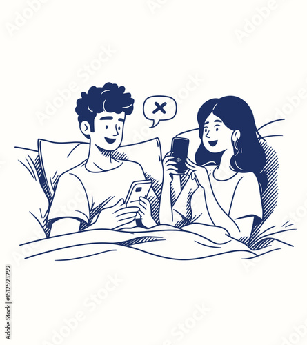 Connected, yet detached: A couple in bed are each engrossed in their phones. Despite being physically close, they appear isolated, each lost in their digital world.