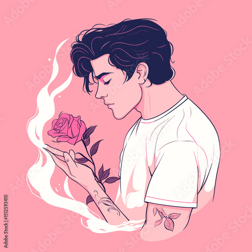 Gentle Contemplation: An artistic portrayal of a man lost in thought, delicately holding a blooming rose, its petals a vibrant splash of color against the soft, ethereal background.