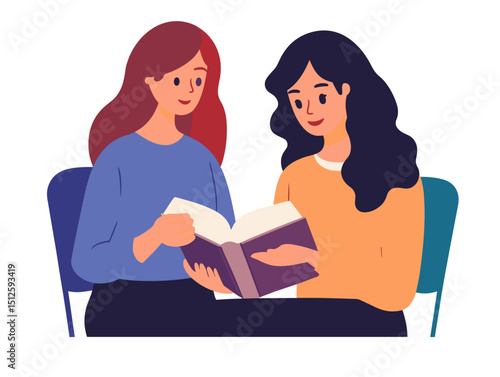 Literary bond and shared moments: Two friends immersed in a book, in a scene of shared learning and intellectual discovery.