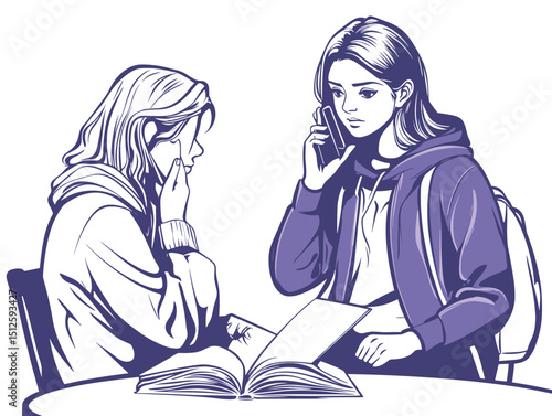 Facing Difficulties: A poignant illustration showing two young women, one overcome with sorrow and the other providing support through a phone call.