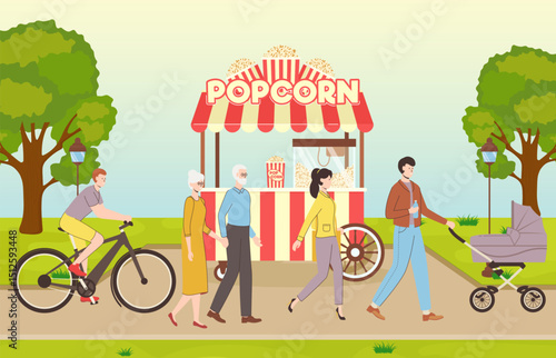 Cartoon Color Popcorn Street Food Cart without a Seller in Park Concept Landscape Scene Flat Design Style. Vector illustration