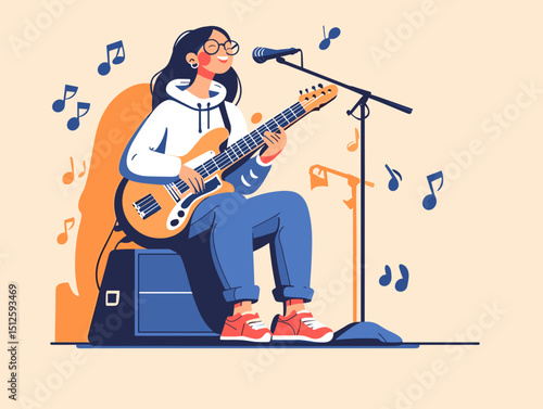 Harmony in Sound: An illustration of a musician, radiating passion, skillfully plays an electric guitar amidst a symphony of musical notes. The scene evokes a sense of creative expression.