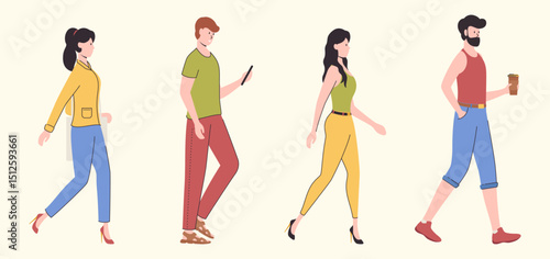 Cartoon Color Characters People Walking Alone Set Concept Flat Design Style with Elements Thin Line.. Vector illustration of Walk Woman and Man