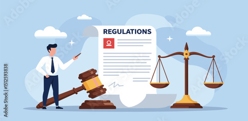 Regulations, law or rules, authority, legislation or government lawsuit, legal document justice or courthouse, verdict or punishment concept, businessman hold gavel with scale and regulation 