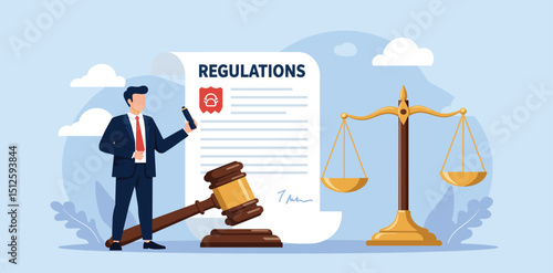 Regulations, law or rules, authority, legislation or government lawsuit, legal document justice or courthouse, verdict or punishment concept, businessman hold gavel with scale and regulation 