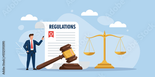 Regulations, law or rules, authority, legislation or government lawsuit, legal document justice or courthouse, verdict or punishment concept, businessman hold gavel with scale and regulation 