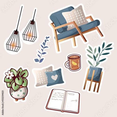 Cozy home elements illustration featuring a blue armchair with pillows, hanging lamps, potted plants, a cup of tea, and an open book. Perfect for interior and lifestyle themes