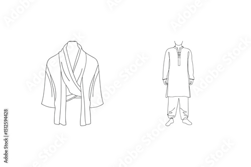 Hand drawn illustration of a kimono and a kurta pajama clothing outlines on white background