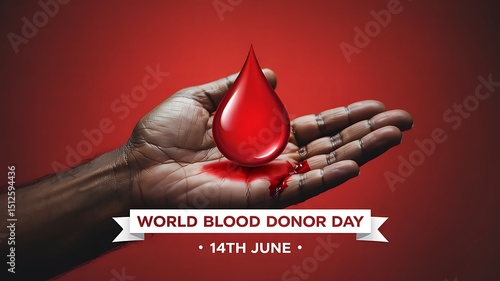 A hand holding a blood drop with world blood donor day message on a red background