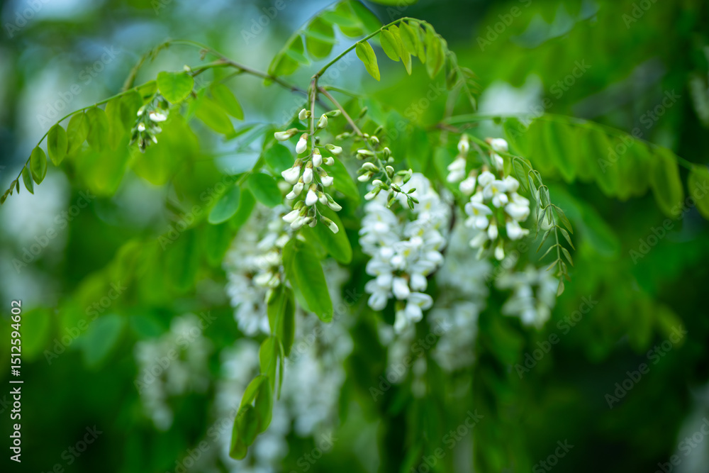 Hanging white flower clusters on leafy green branches in natural outdoor setting. Botanical reference for white flowers and green leaves in forest or garden environment. Hanging white flower clusters on leafy green branches in natural outdoor setting. Botanical reference for white flowers and green leaves in forest or garden environment.
