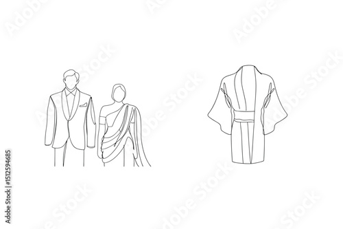 Elegant line art depicting a couple in formal attire and japanese kimono robe