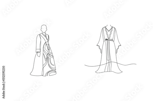 Minimalist one line drawing of two elegant robes or gowns in a clean white space