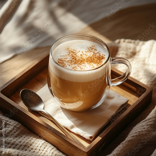 Fresh latte on wooden tray with spoon in soft morning light  