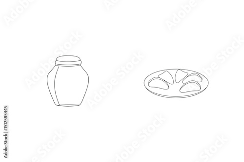 Simple line art illustration of food items dumplings on plate and honey jar