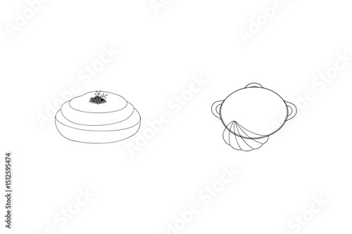 Simple black and white outline illustrations of culinary items cake and clamshell with food.