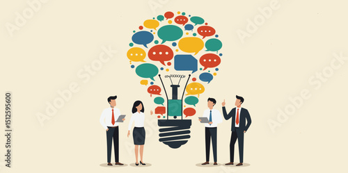 Effective communication, meeting discussion or conversation solution, speak or telling intelligence information, team opinion new idea concept, business people discuss with lightbulb speech 