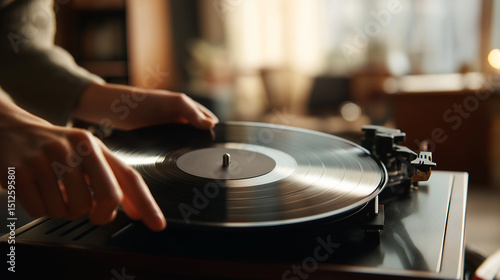 Close-up of hands placing a vinyl record on a turntable in a cozy, warmly lit room.
