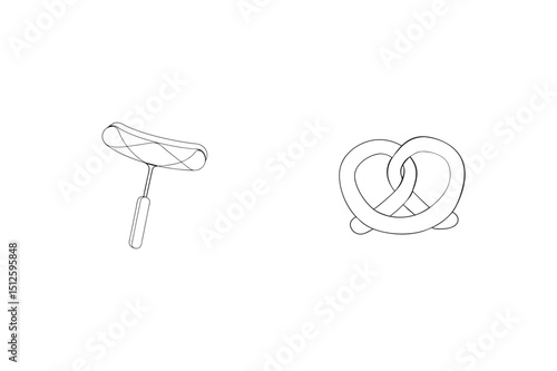 Minimalist line art illustration of a sausage and pretzel representing german cuisine