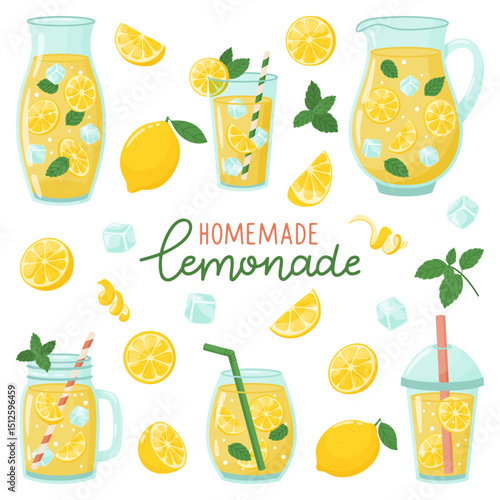 Homemade lemonade. Hand drawn vector set. Lemonade in assorted glasses, lemons and ice