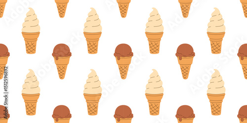 Summer seamless pattern scoop of creme brulee, chocolate ice cream, vanilla soft gelato in waffle cone on white background. National Ice Cream Day wallpaper. Hand drawn flat EPS