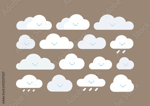 Cute Clouds with Smiling Faces and Raindrops on a Brown Background