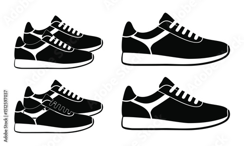 stylized black and white sport shoes, including pairs and single shoes, ideal for representing athletic footwear, running, or fitness activities.