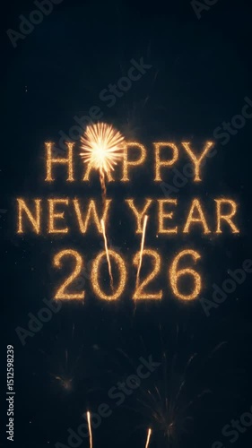 Happy new year 2026 with golden sparkle fireworks at night