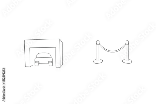 Simple line art drawing of a car in a garage and a rope barrier for restrictions