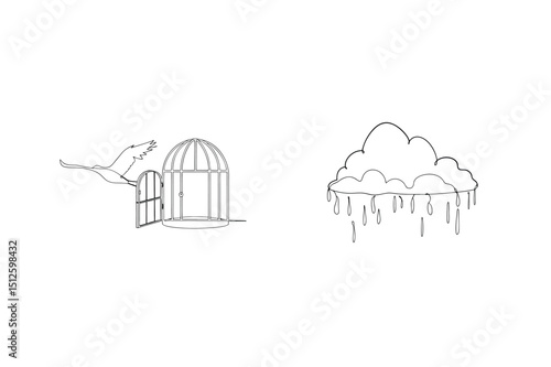 Symbolic illustration of freedom escape and rain in a single line continuous drawing
